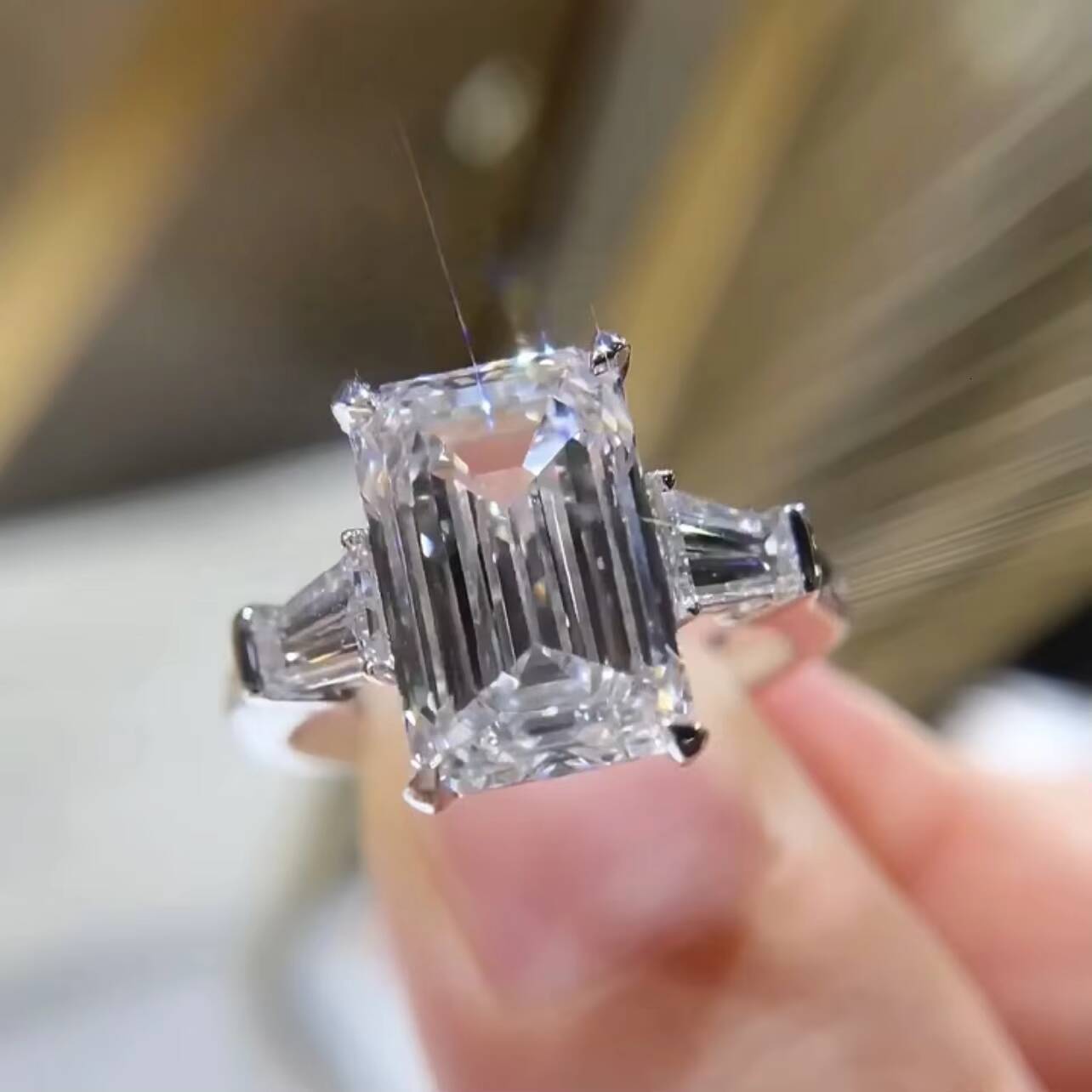 14K White Gold VVS DEF Color 4CT Emerald Cut CVD Lab Diamond Engagement Ring Three Stone Design