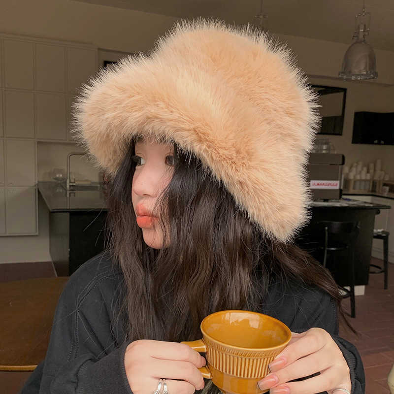 Autumn Winter Plush Hat Faux Fur Mink Fur Warm Feel Women Slimming Windproof Hat Large Brim H251020