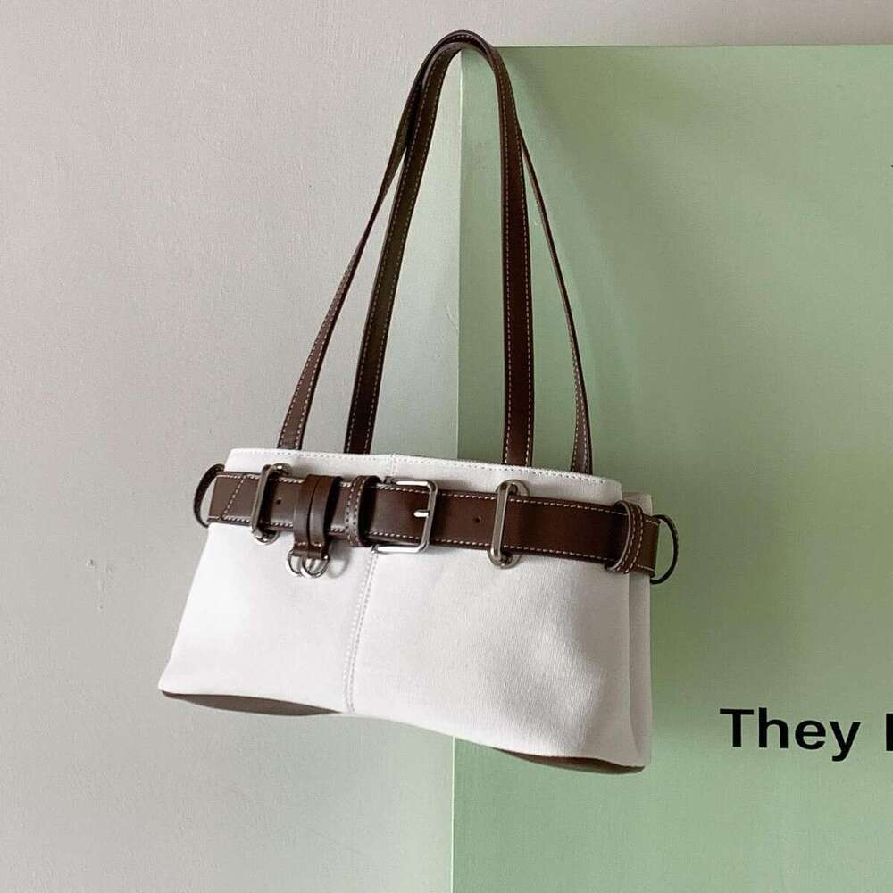 Underarm Canvas Niche PU Leather Belt Patchwork Design Single Shoulder Women Trendy New Small Square Bag B5
