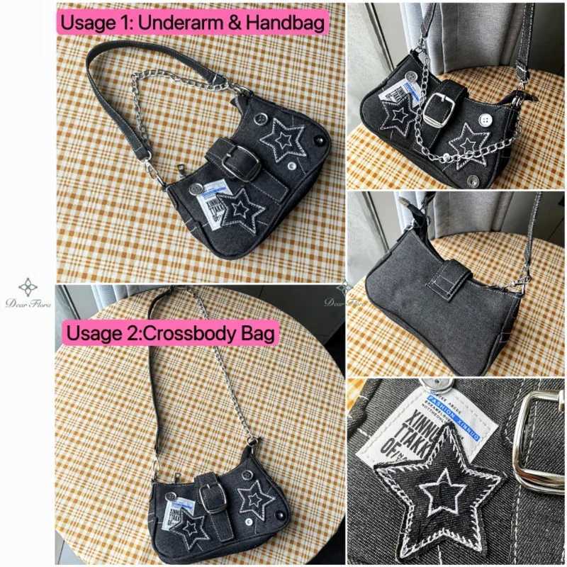 Vintage Canvas Female Small Shoulder Bags Chain Tote Purses Y2k Fashion Womens Handbags Stars Pattern Cool Girls Underarm BagXJ251021