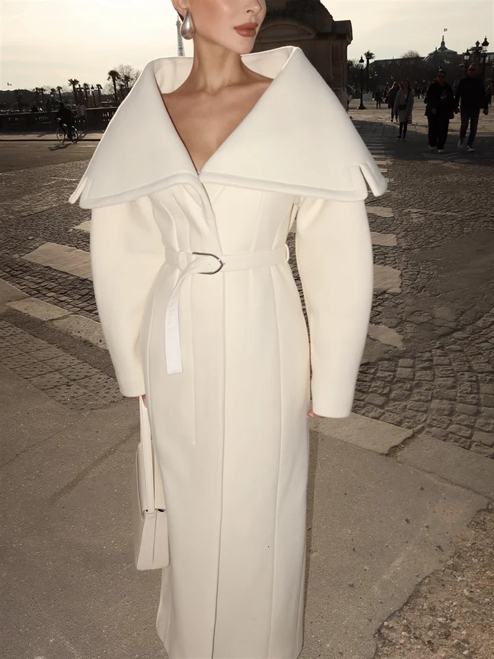 Elegant Womens Wool Blend Maxi Dress Coat Oversized Cape Lapel Belted Chic Outerwear Loose Warm Autumn Winter Fashion Outfit 251017