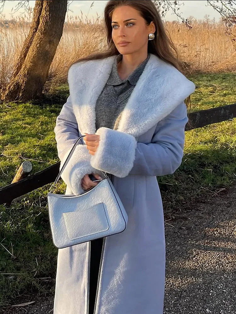 Women Chic Fur Patchwork Woolen Overcoat Elegant Vneck Waist Cinching Loose Outerwears Lady Winter Daily Commute Street Coat 251017