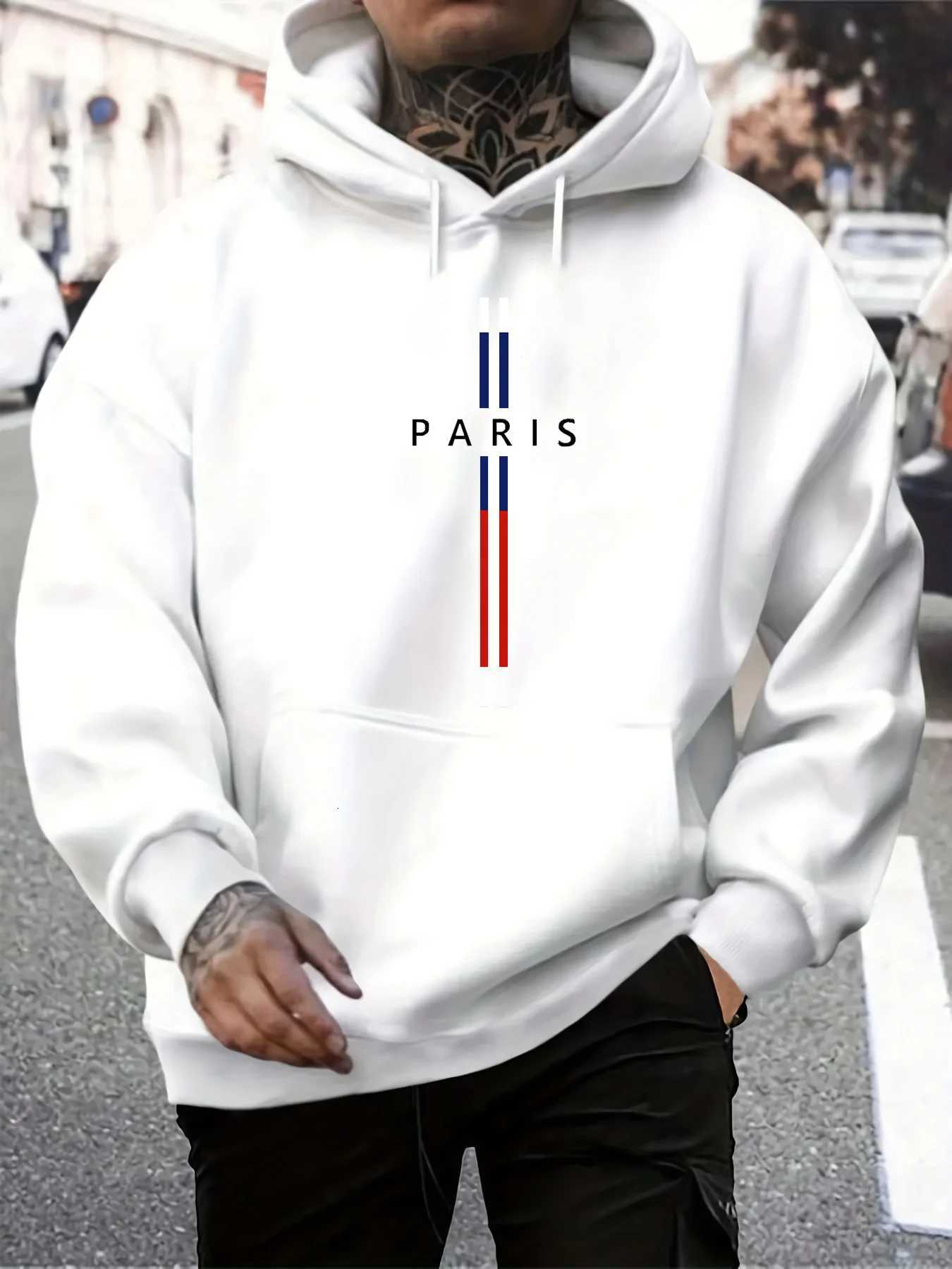 Mens autumn and winter casual fashionable loose hooded sweatshirt Paris letter printed long sleeved warm pullover W251021