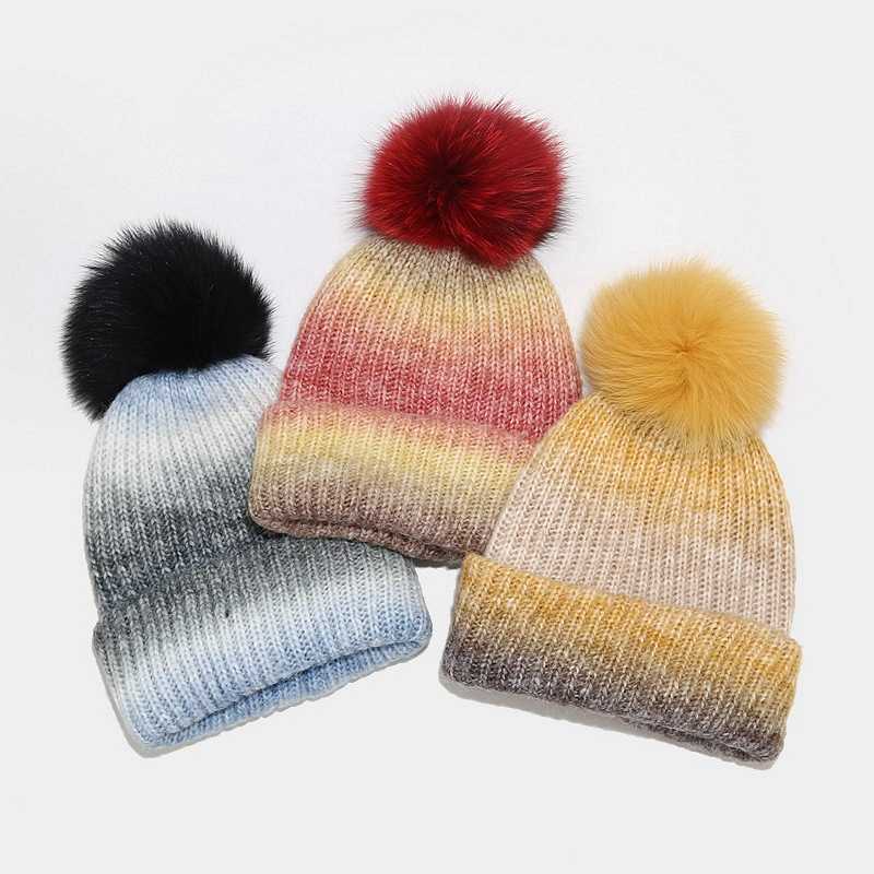 New Style Fox Fur Ball Knitted Hat Womens Fashion Colorblock Wool Hat Autumn Winter Outdoor Warm Hat Trendy H251020