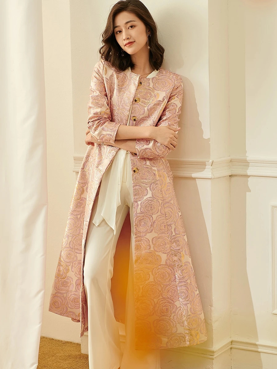 y Women Long Trench Jacquard Coat Button Front Overcoat Fall Winter Floral Elegant Jackets Outerwear Party Outfit Clothes 251017