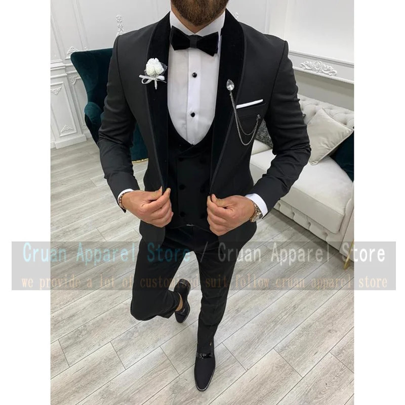 Elegant Black Velvet Blazer Vest Pants 3 Pieces Fashion Black Suit Men Set Slim fit Man Groom Wedding Party Tuxedo 251021