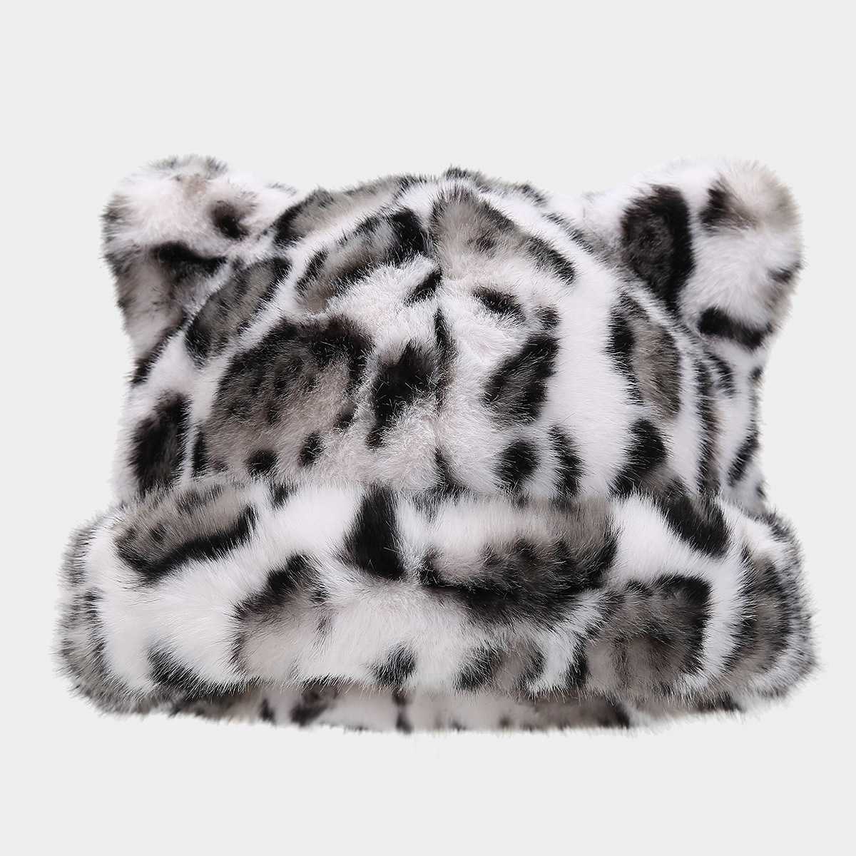 Fox Ear Leopard Print Plush Hat for Women Autumn and Winter Versatile Headwrap Hat Thickened Coldproof Warm Pullover Hat H251020