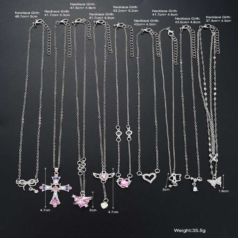 9 Pcs Womens Elegant Zircon Pendant Necklace Set Fashion Pink Color Cross Butterfly Heart Bowknot Necklaces Party Jewelry Gift XJ250717