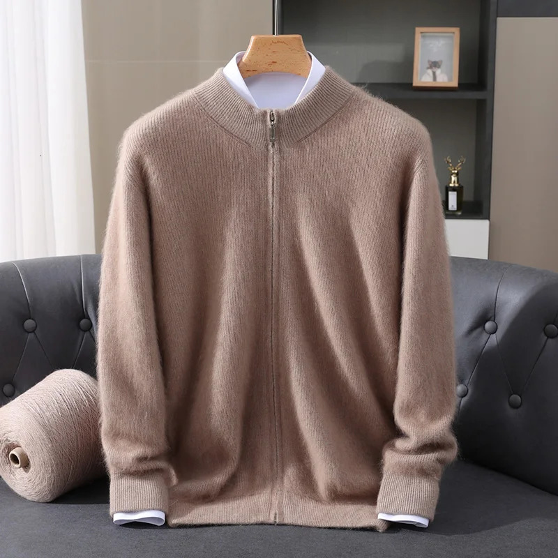 Mens 100Mink Cashmere Sweater Mock Neck Zipper Cardigan Thickness Smart Casual Cashmere Knitwear Coat Autumn Winter Mens Tops 251020