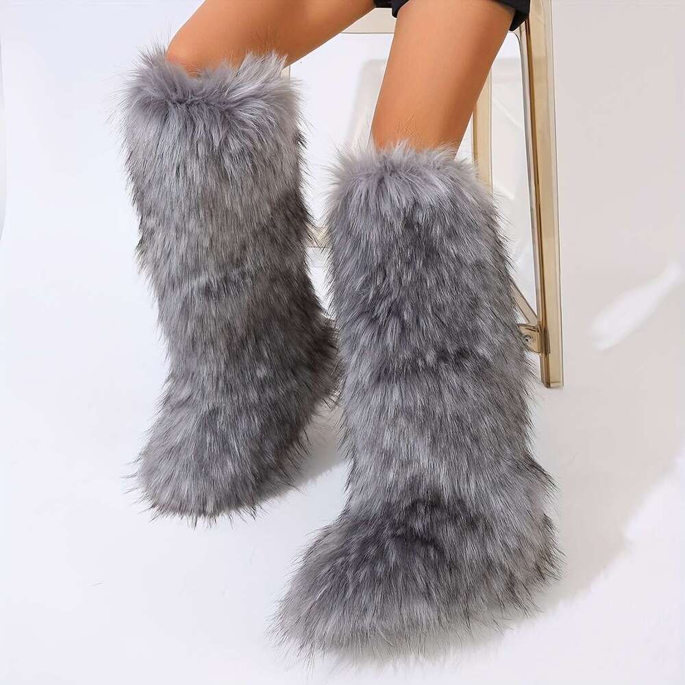 Faux Fur Boots Round Toe, Pull-On Closure, Flat Heel, PVC Comfortable Flannel Lined Footwear With Superfine Fiber Upper And