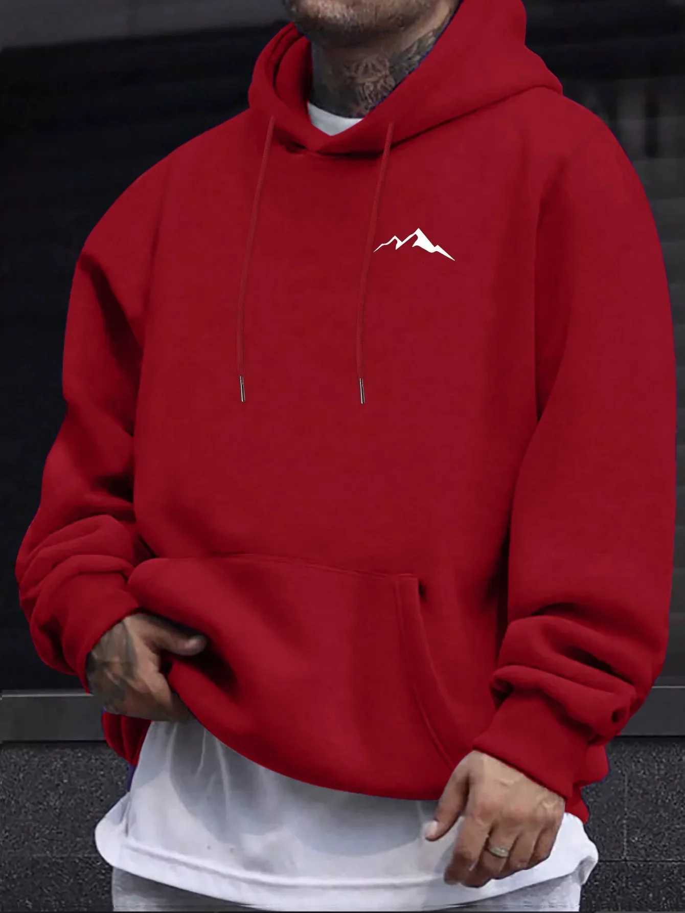 Simple Mountain Print Mens Longsleeved Pullover Hoodie Drawstring Hooded Sweatshirt Casual Versatile Top Suitable for Autumn W251021