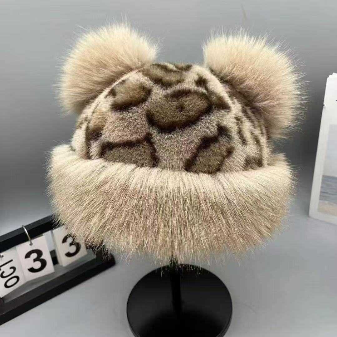 Leopard Print Plush Warm Hat for Women Autumn and Winter Faux Fur Windproof and Coldproof Thickened Warm Bucket Hat Fisherman Hat H251020