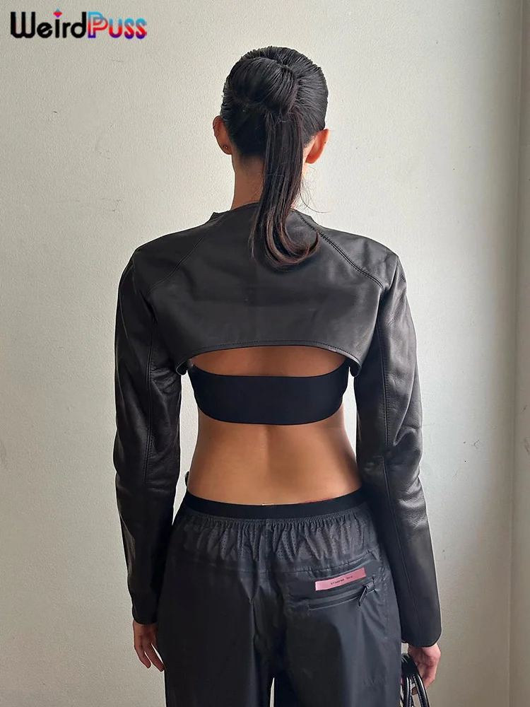 Weird Puss Extra Short Women JacketTube Tops Leather Stand Collar Chic Buckle Autumn Fashion Hipster High Street Y2K Crop 251021