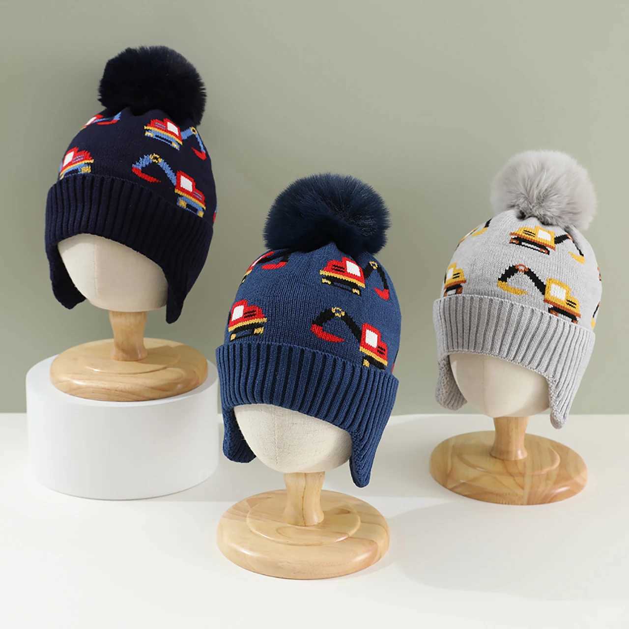 Pompom Beanies Winter Warm Baby Earmuffs Cap Toddler Ear Protection Hat 14year Kids Woolen Knit Hats Fashion Car Boys Bonnet J251021