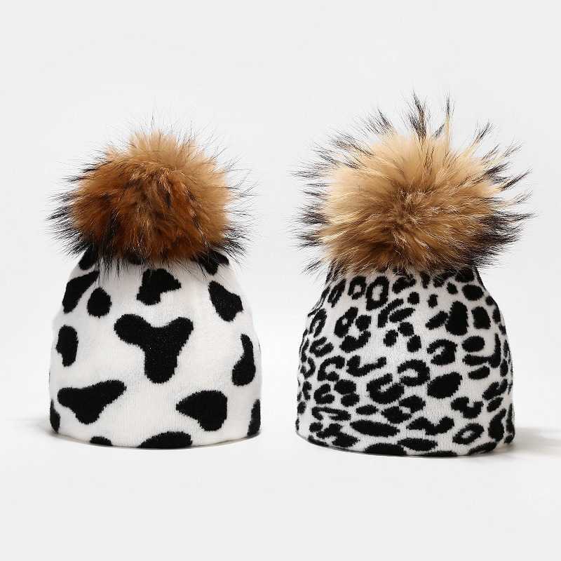 Cow Leopard Pattern Knitted Hat Womens Outdoor Warm Real Wool Ball Knitted Hat Autumn and Winter H251020