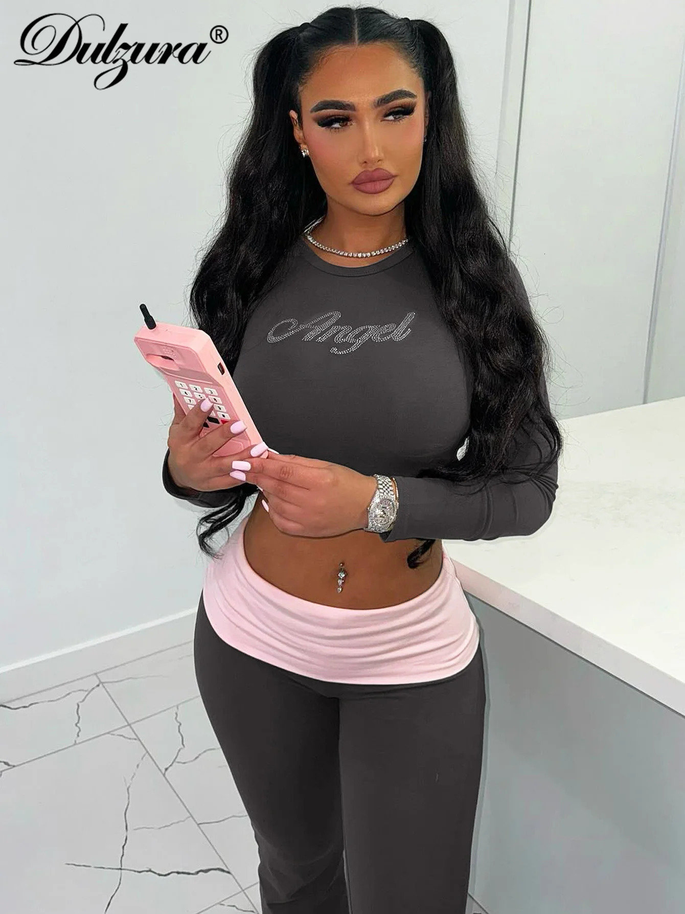 Dulzura WomenS Sexy Casual 2 Piece Pants Set Long Sleeve Letter Print Bodycon Crop Top And Flare Matching Streetwear 251021