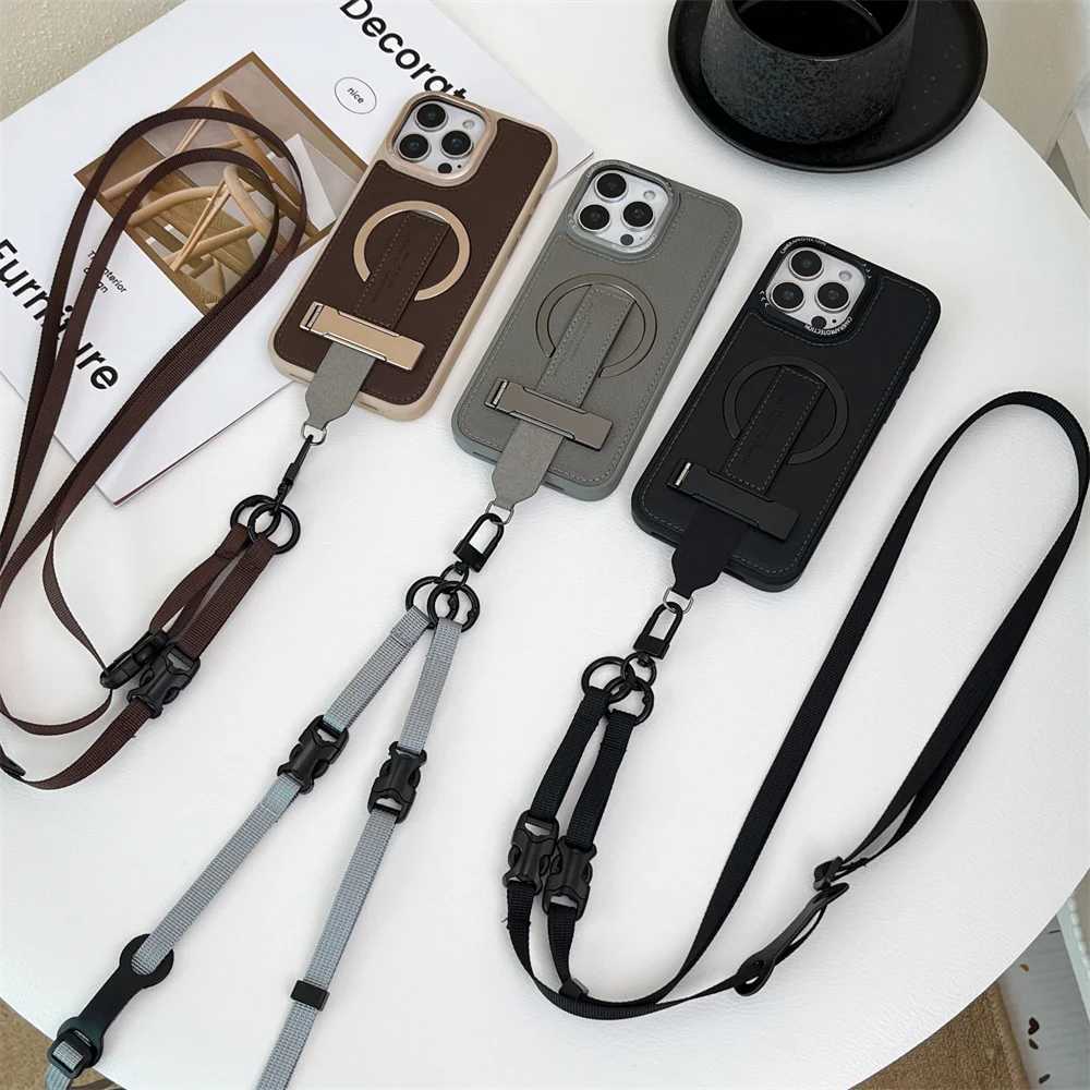 Crossbody Wrist Strap Rope Holder Phone Case for IPhone 16 Pro Max 15 14 13 Pro Magnetic Bracket Leather Protective Case J251114