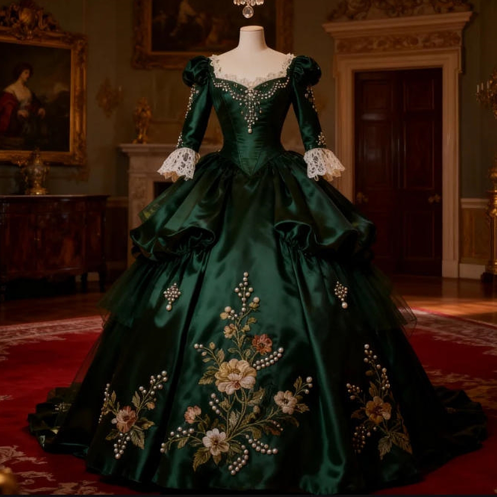 Vintage Victorian Dark Green Prom Dresses Embroidery Floral Ball Gown Satin Evening Gowns Pearls Beaded Ruched Luxurious Women Special Occasion Dress