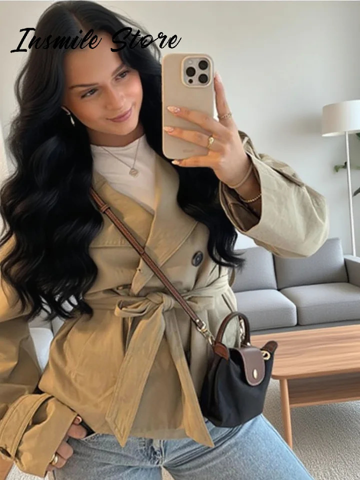 Fashion Belt Short Trench Coat Women Stand Collar Double Breasted Pocket Long Sleeve Coats Autumn Lady Commute Chic Outwear 251021