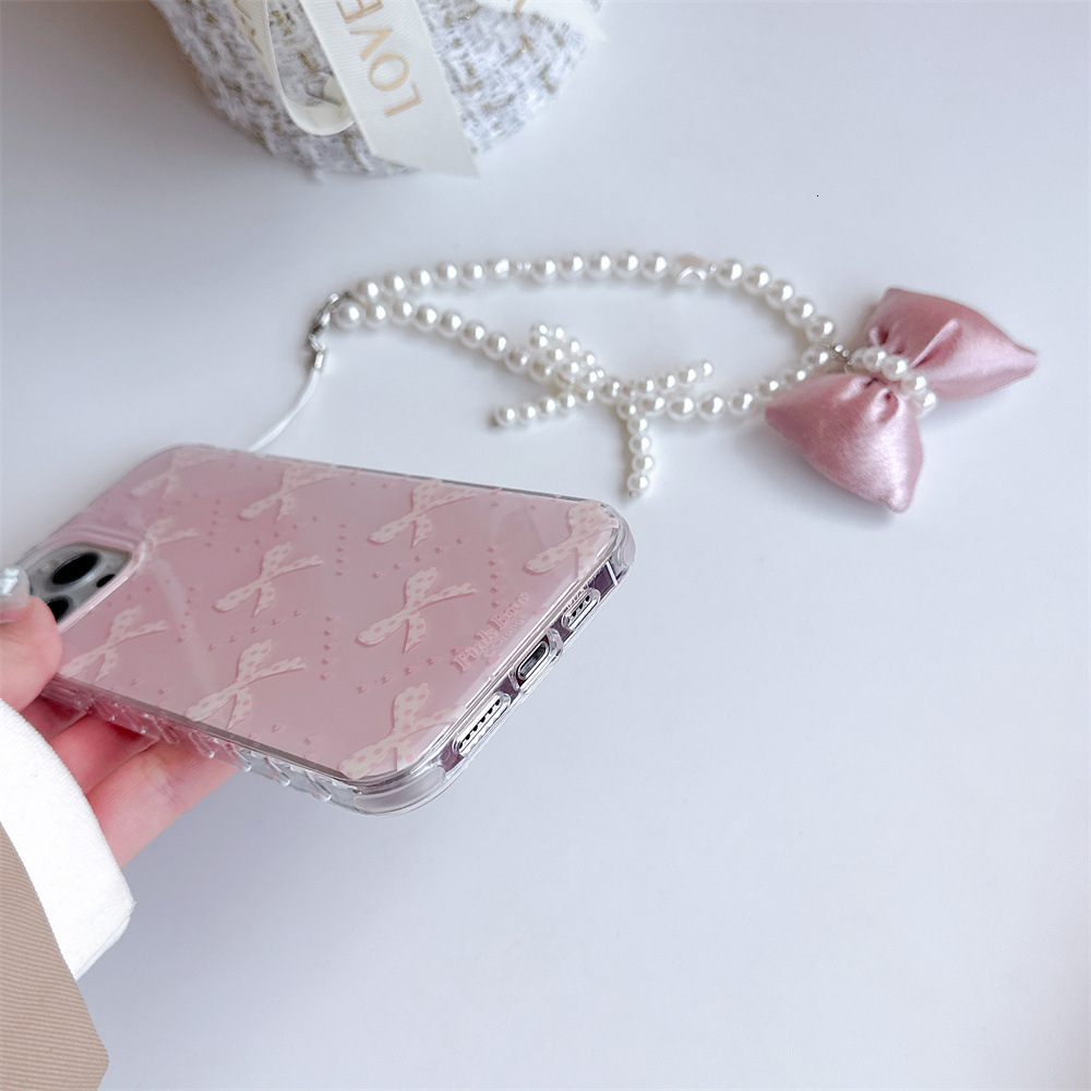 for iPhone 17/16 Case, with Hand Wrist Strap Lanyard, Bow Case , Wireless Slim Clear Ribbon Protective Phone Cover with Charm for Women Girl - Pink