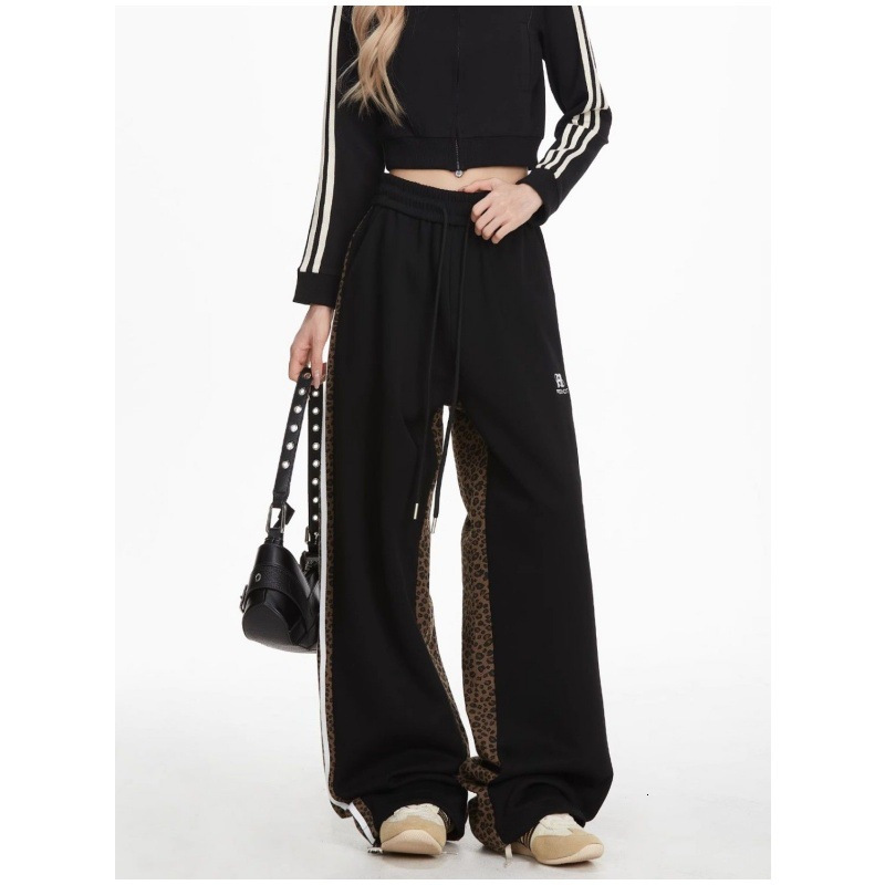 2025 leopard print wool lining designer thickened sports pants autumn and winter new retro hip-hop loose fashion brand striped sports straight leg pan
