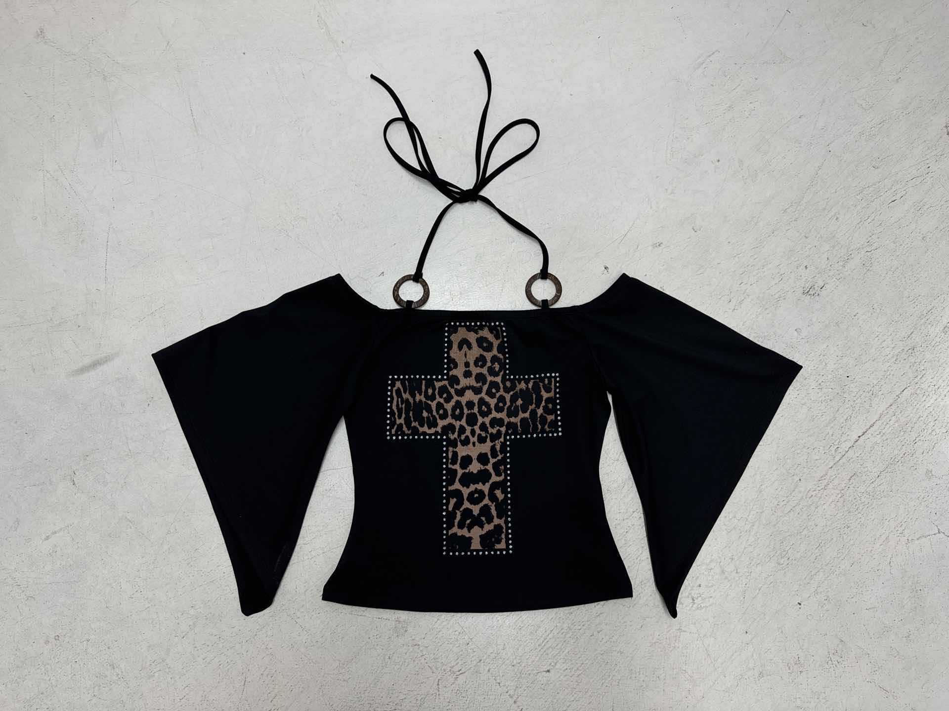 2025 dark leopard print splicing cross slim fit off shoulder women's T-shirt, American designer retro bell sleeves, autumn and winter new fashion