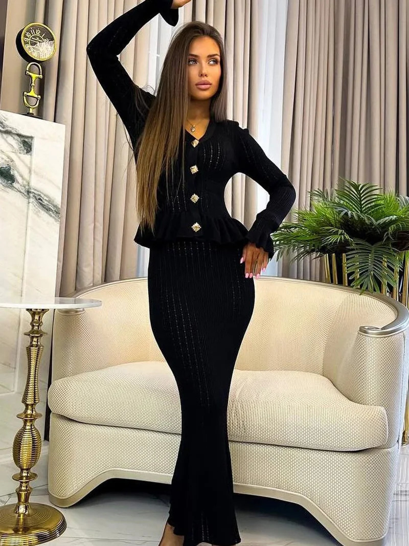 DGLUKE Knitted 2 Pieces Set For Woman Long Sleeve Top And Long Skirt Set 2 Piece Elegant Outfits 2025 Sweater Matching Sets 251013