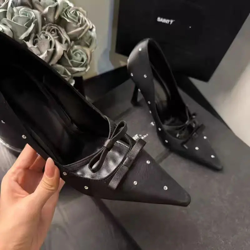 Polka Dot French Bow Square Head Black Rhinestone Single Shoes Womens Shoes High Heels 251017