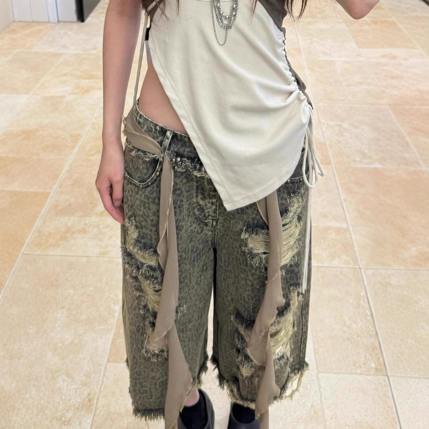 2025 American street style plus size washed retro worn-out leopard print design luxury women's loose fit wide leg designer new autumn and winter 