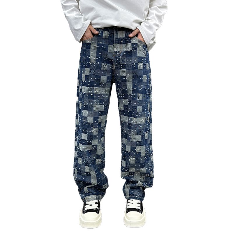 Men's 2025 Autumn & Winter European Luxury Style Blue Plaid Patchwork Straight Loose Casual Jeans, High-End Versatile Denim Pants-QT11