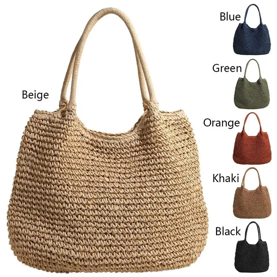 Women Straw Bag Tote Handbag Large Capacity Vintage Shoulder Bag Solid Color Simple Weaving Handbag Ladies Summer Daily Bag 251021