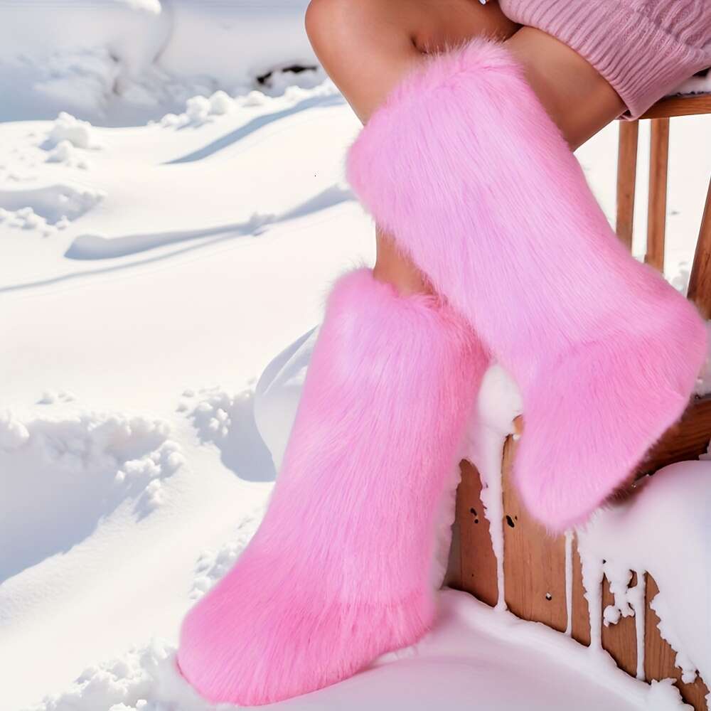 Fashion Women's Faux Fur Round Toe Flat Heel Slip On Warm Comfort Outdoor Winter Boots