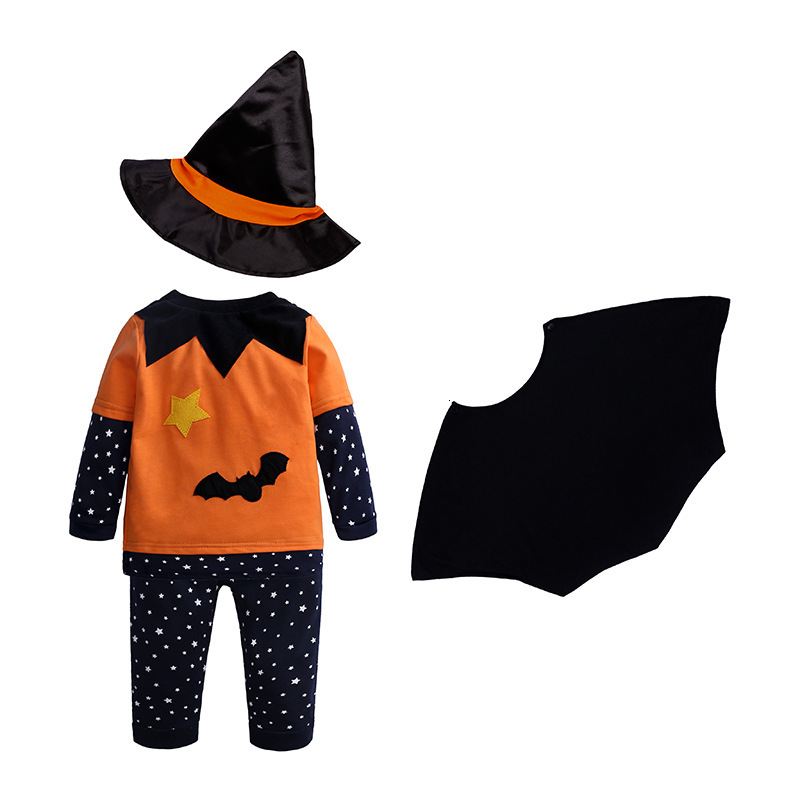 New hot selling designer baby Halloween pumpkin children's long sleeved long pants hat cloak four piece set