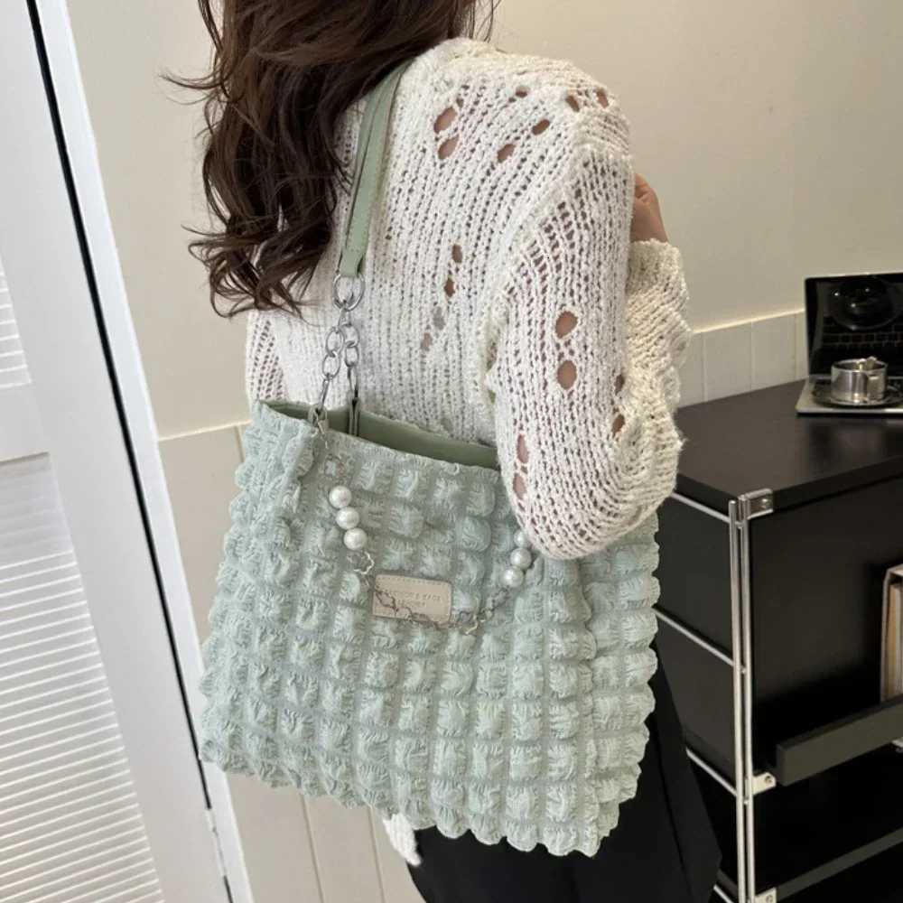 Fashion Plaid Womens Beaded Chain Shoulder Bags Soft Fabric Commuter Female Handbags Purse 2025 Large Capacity Ladies Tote BagXJ251021