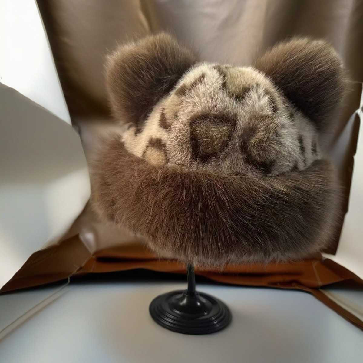 New Leopard Print Bear Hat for Women Cute and Versatile Coldproof Ear Protection Hat Fashionable and Warm Faux Fur Hat for Autumn and Winter H251020