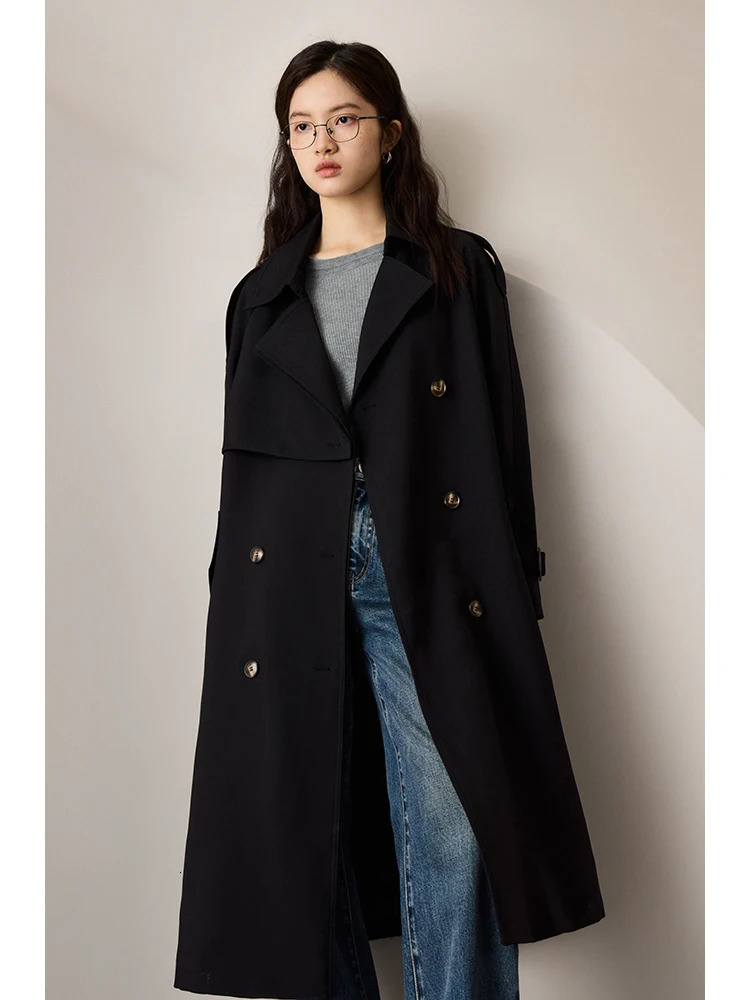 ZIQIAO Women British Style Double Breasted Casual Trench Coats Autumn Long Temperament Black Trench Jackets Straight FemaleCoat 251013
