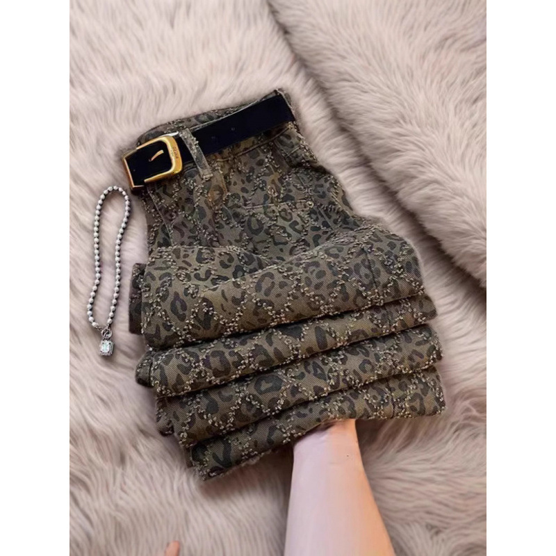 2025 designer autumn new high-end leopard print high waist slim fit jeans women's street style American retro casual pants