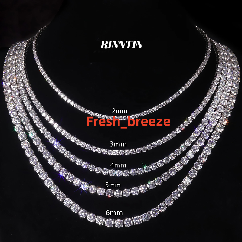 RINNTIN SMN Pass Diamond Tetser 2mm 3mm 4mm 5mm 925 Silver Moissanite Diamond Tennis Necklace Fashion Jewelry for Men Women