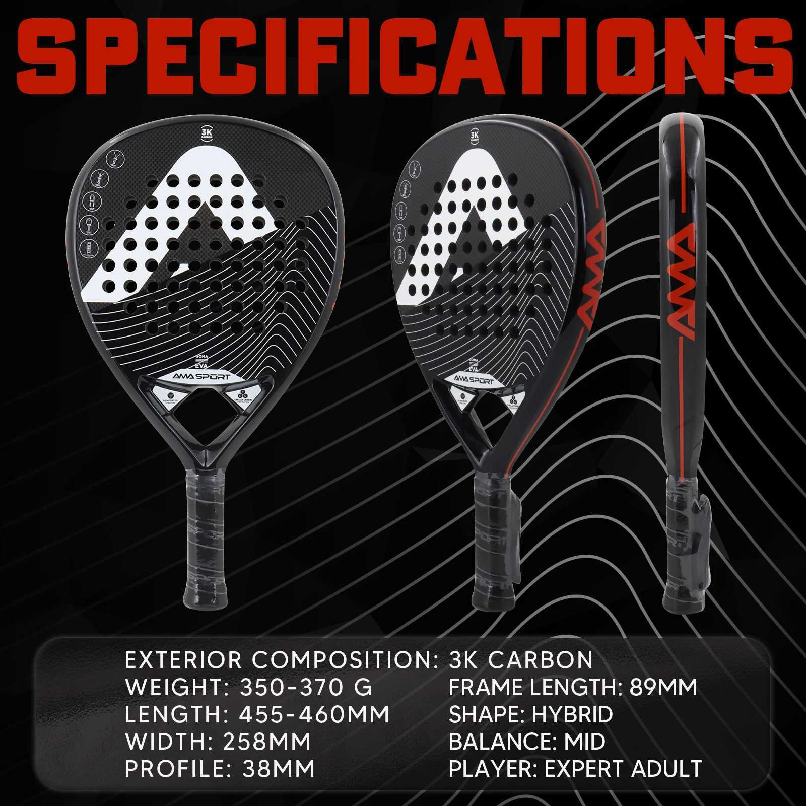 AMASPORT Padel Racket Pop 3K Lightweight Carbon Fiber Mens Tennis Racquet Medium Balance With Soft EVA Tear Drop Shape Padel W251021