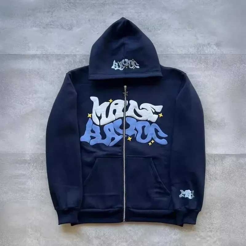 Zipper hooded sweatshirt with retro American letters and stars suitable for men and women Y2K jacket autumn d winter cardigan W251021