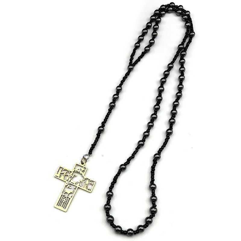 Jesus Cross Baptism Christianity Pendant Necklace For Men Stainless Steel Black Rosary Beaded Silver Color Long Chain Jewelry XJ250717