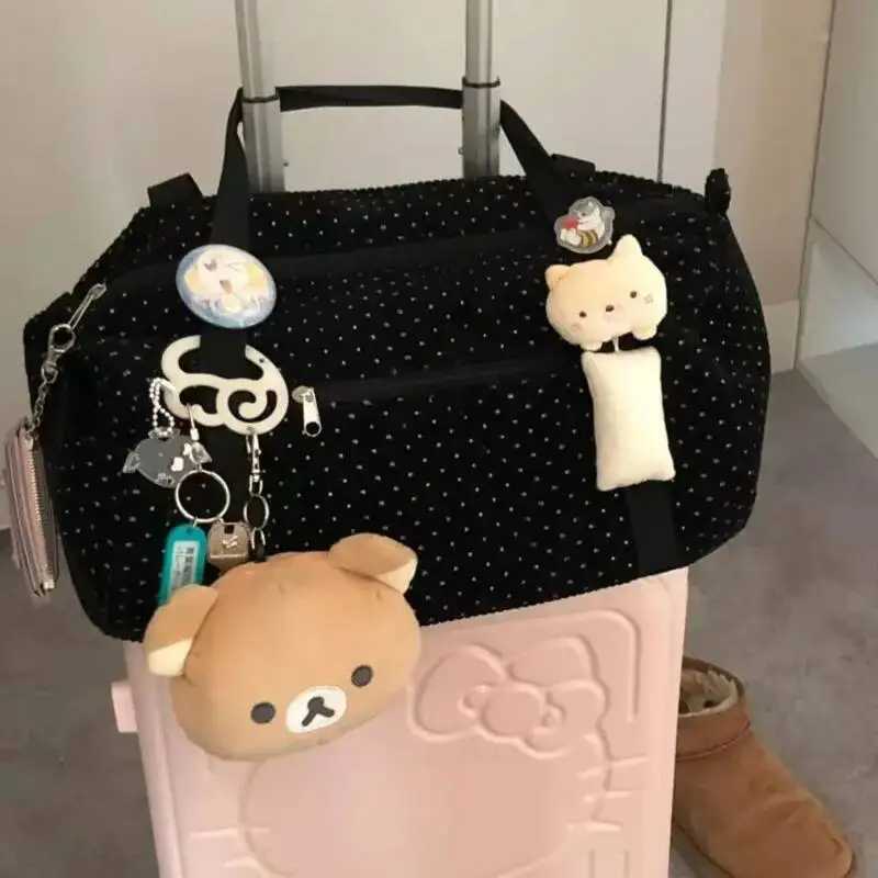 Large Capacity Casual Black Tote Bag Polka Dot Print Korean Luggage Bags Zipper Trendy Canvas Handbag Versatile Travel Bag WomenXJ251021