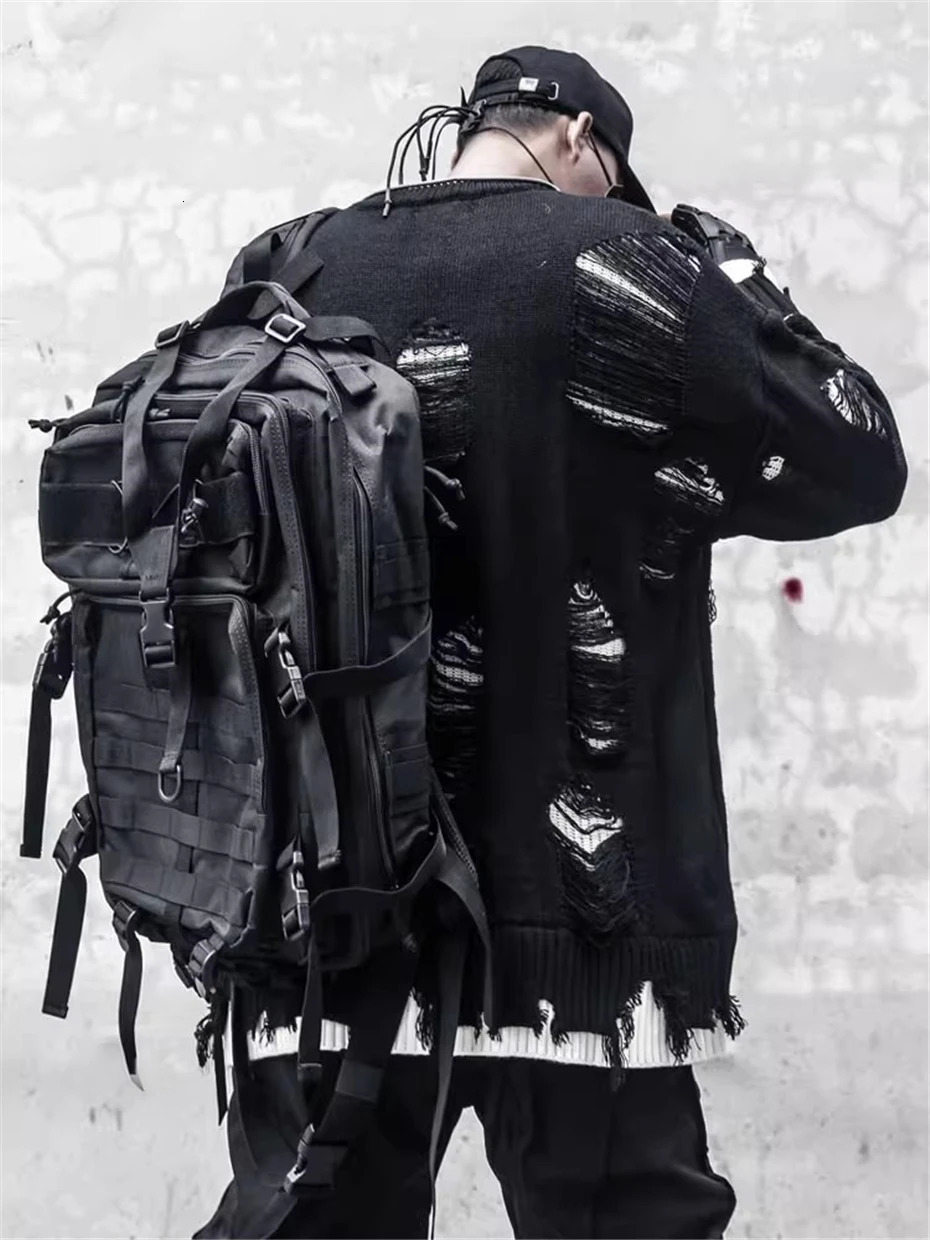 Mens Knitted Sweater Streetwear Hip Hop Punk Ripped Hole Pullover Men Oversized Harajuku Fake Two Pieces Casual Sweaters Male 251020