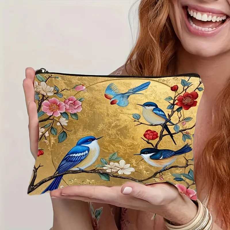 Lightweight Foldable Floral Bird Pattern Fabric Makeup Bag Zippered Cosmetic Pouch with Golden Background DesignW251021