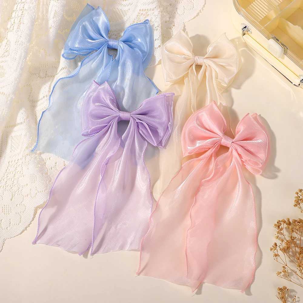 Chiffon Bow Hair Clips Girls Blue Shining Satin Bowknot Hair Clips Ribbon Bow Barrette Sweet Hairpin Grip Ponytail Clip HeadwearW254021