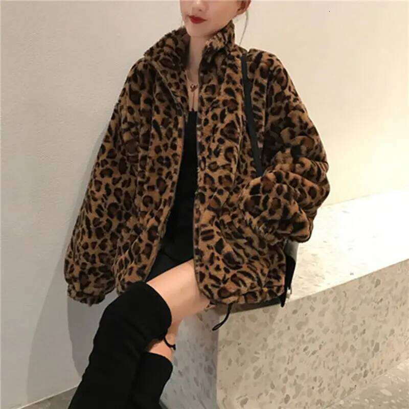 Leopard Print Jacket Women's Stand Collar Warm Parkas Outwear 2025 New Autumn Winter Korean Female Loose Faux Fur Coats