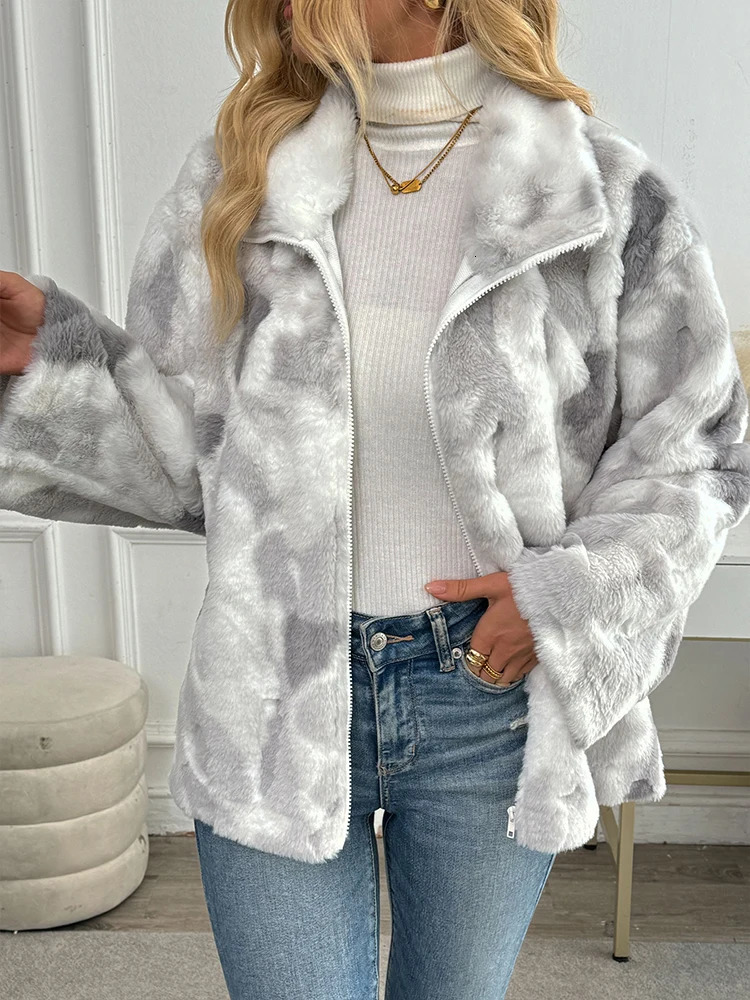 Fashion Tie Dye Lamb Fleece Jacket Women Autumn Winter Zipper Outerwear Warm Plush Jackets Harajuku Casual Female Thick Coat 251021