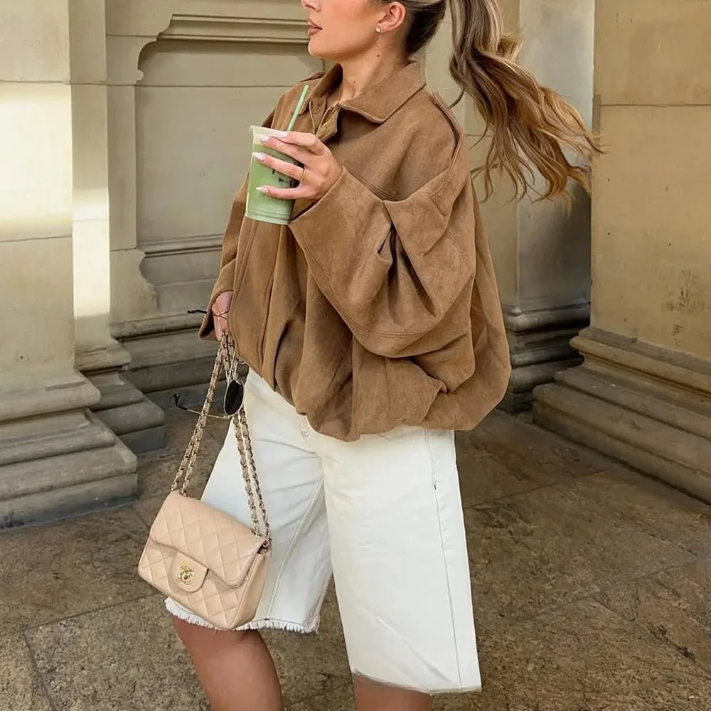 KONDALA Casual Chic Khaki Brown Bomber Jacket Women Long Sleeve Zipper Loose Coats Fashion Autumn Winter Streetwear Outwear 251021