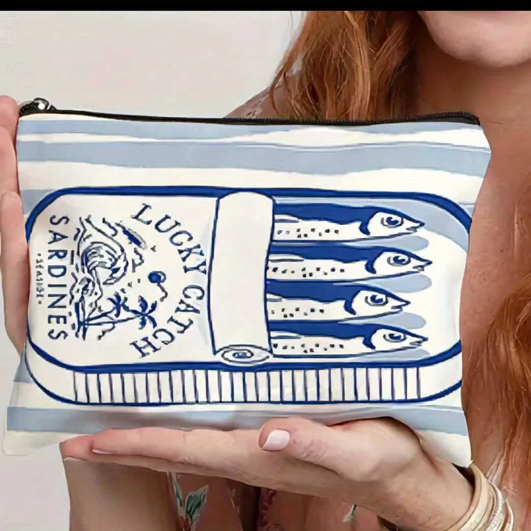 Sardines Retro Fish Print Cosmetic Bag Large Capacity Lightweight Travel Makeup Organizer Vibrant Orange Blue Cosmetic BagW251021