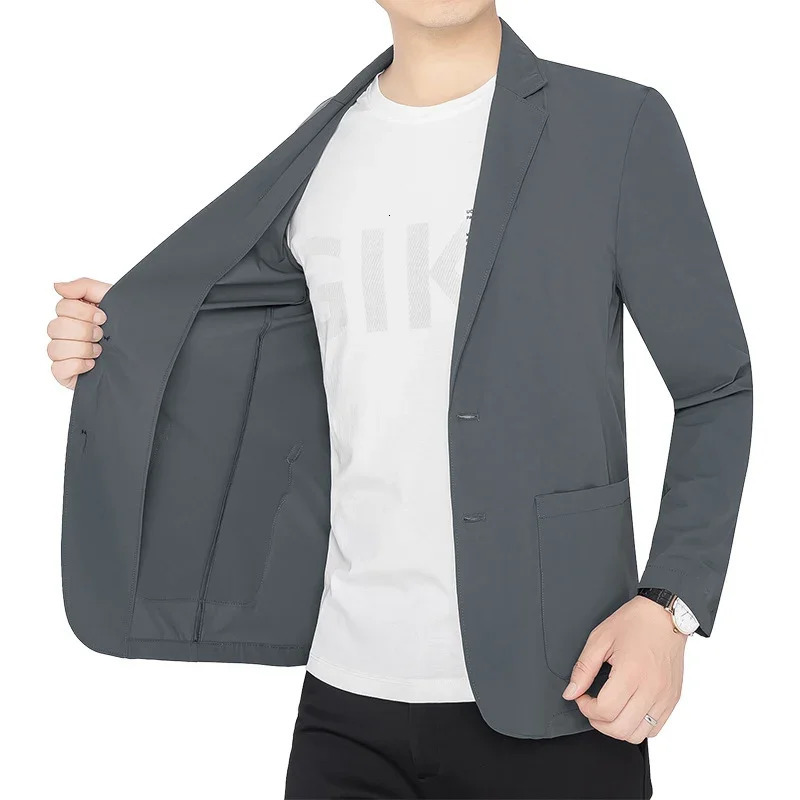 BROWON Summer Men Blazers Gray Solid Color Thin Anti Wrinkle Quick Drying Soft Business Suit Blazer Jacket for Man 251021